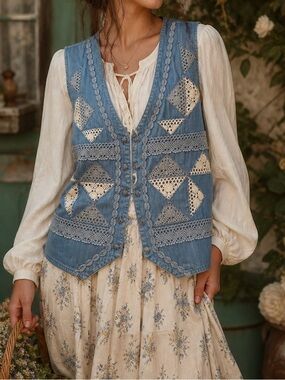 Vintage Koret City Blues Lace Crochet Patchwork Cottagecore Denim Vest L